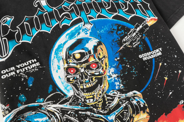 Retro Interstellar Sci Fi Graphic Streetwear Front Gun Shooting Mechanical Red Eye Skeleton Planet Star Meteor Gothic Letter Print T-Shirt 29354637