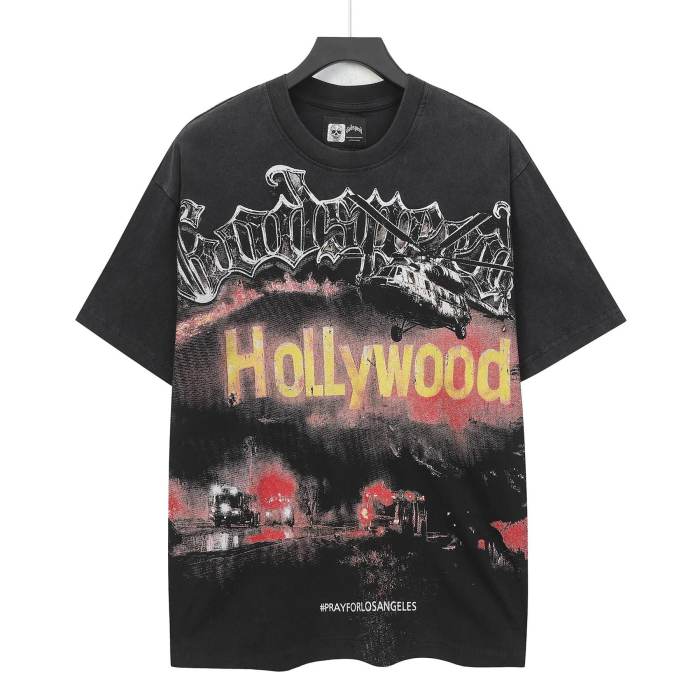 La Disaster Graphic Streetwear Front Helicopter Burning Hollywood Landmark Fire Smoke Police Car Silver Gothic Letter Print T-Shirt 2 colors 29354882