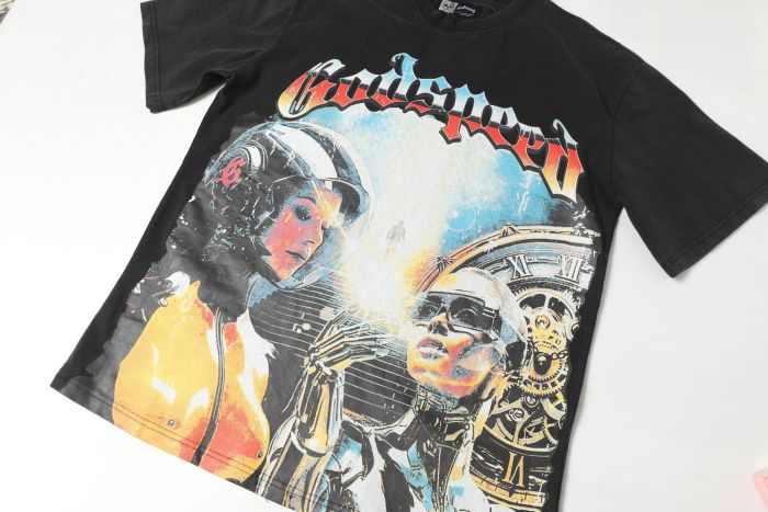 Retro Cyber Time Graphic Streetwear Front Space Helmet Female Robot Lady Vintage Gear Clock Gradient Gothic Letter Print T-Shirt 2 colors 29354639