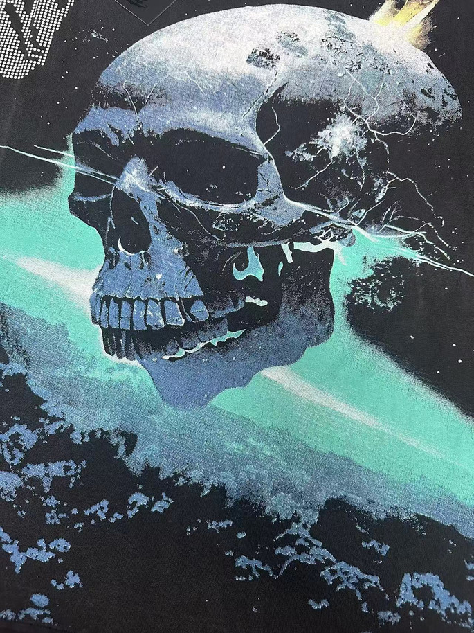 Cosmic Dark Hip Hop Streetwear Front White Dot Halftone Gothic Script Crackle Meteor Planet Skull Cyan Nebula Starry Space Graphic T-Shirt 29354632