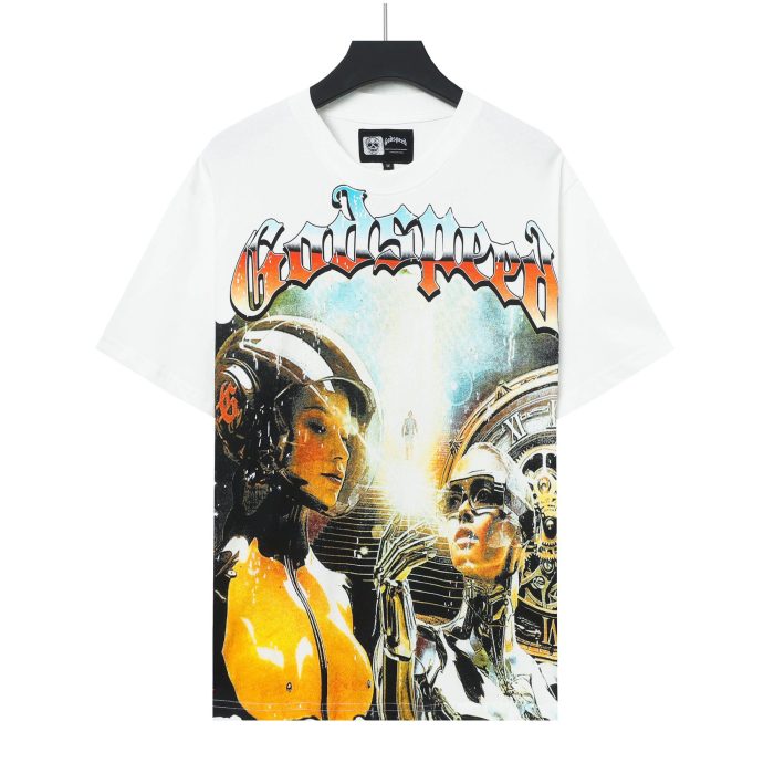 Retro Cyber Time Graphic Streetwear Front Space Helmet Female Robot Lady Vintage Gear Clock Gradient Gothic Letter Print T-Shirt 2 colors 29354639