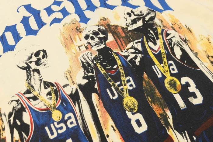 Olympic Basketball Graphic Streetwear Front Three USA Basketball Skeleton Players Gold Medal Chain Gothic Letter Print T-Shirt 2 colors 29354650