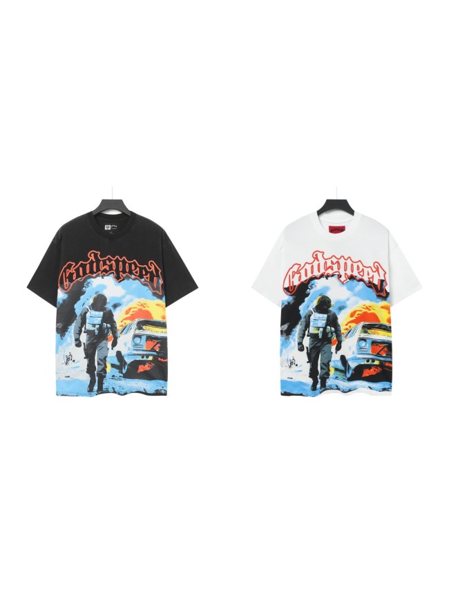 Retro Explosion Street Graphic Streetwear Front Tactical Gear Man Burned Sedan Fire Smoke Orange Outline Gothic Letter Print T-Shirt 2 colors 29354646
