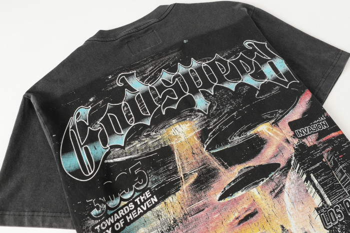 Alien Sci Fi Hip Hop Streetwear Front Red White Outline Gothic Script Mechanical Skeleton With Glowing Red Eyes Space Star Sky Print T-Shirt 29354636