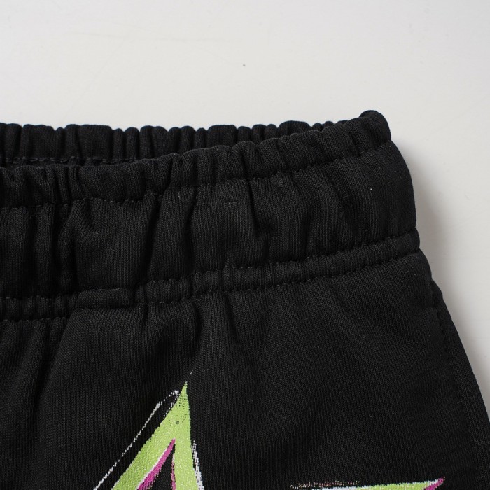 Vintage Washed Black Front Colorful Graffiti Flame Print Elastic Drawstring Loose Sweat Shorts 29356454