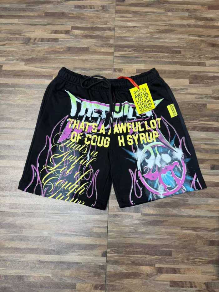 Vintage Washed Black Front Colorful Graffiti Flame Print Elastic Drawstring Loose Sweat Shorts 29356454