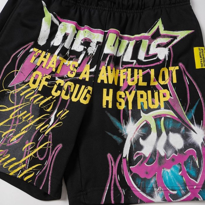 Vintage Washed Black Front Colorful Graffiti Flame Print Elastic Drawstring Loose Sweat Shorts 29356454