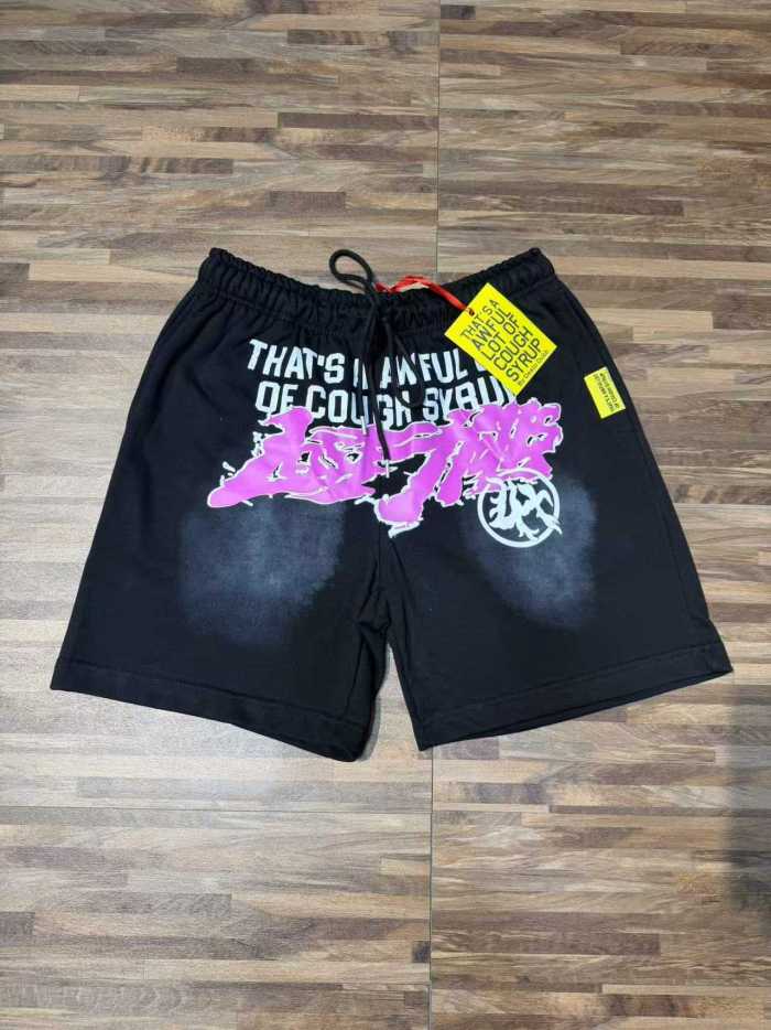 Front Pink Graffiti Letter Print Elastic Drawstring Loose Cotton Sweat Shorts 29356458