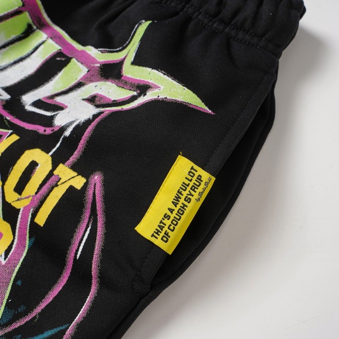 Vintage Washed Black Front Colorful Graffiti Flame Print Elastic Drawstring Loose Sweat Shorts 29356454