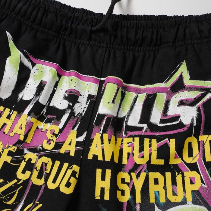 Vintage Washed Black Front Colorful Graffiti Flame Print Elastic Drawstring Loose Sweat Shorts 29356454