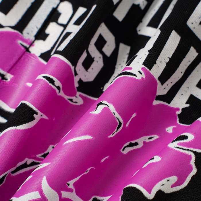 Front Pink Graffiti Letter Print Elastic Drawstring Loose Cotton Sweat Shorts 29356458