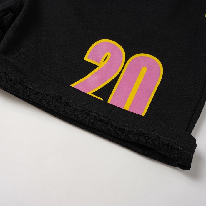 Two-Tone Yellow Pink Letter Number Print Elastic Drawstring Loose Cotton Sweat Shorts 29356460