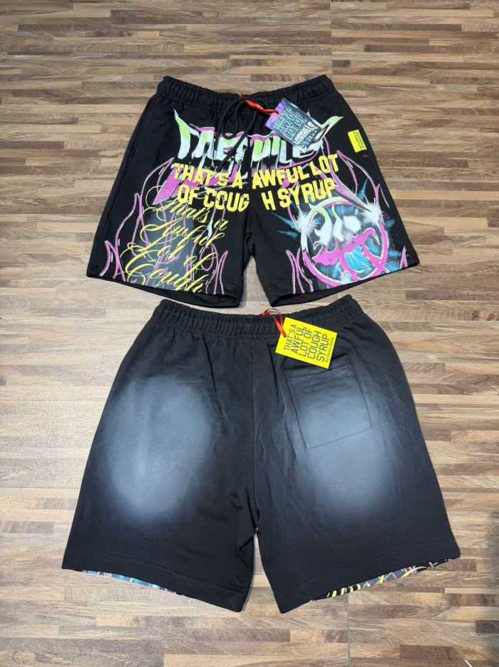 Vintage Washed Black Front Colorful Graffiti Flame Print Elastic Drawstring Loose Sweat Shorts 29356454