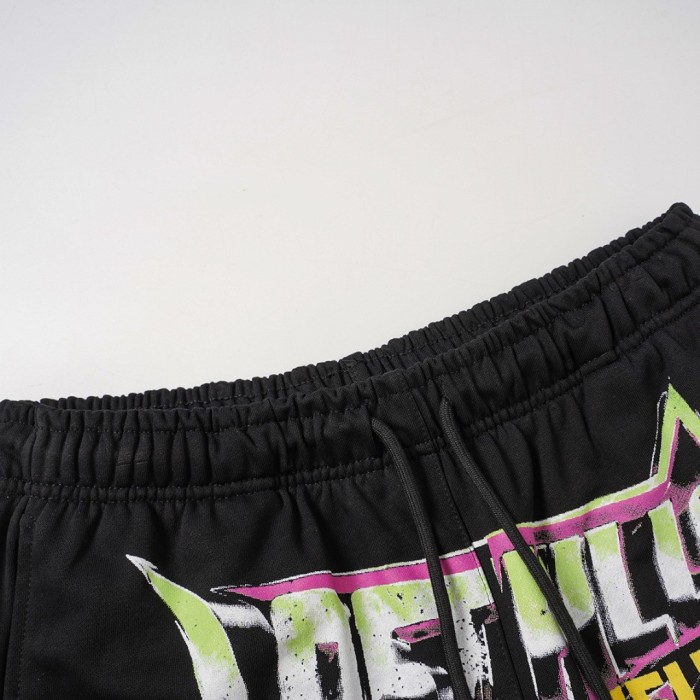 Vintage Washed Black Front Colorful Graffiti Flame Print Elastic Drawstring Loose Sweat Shorts 29356454