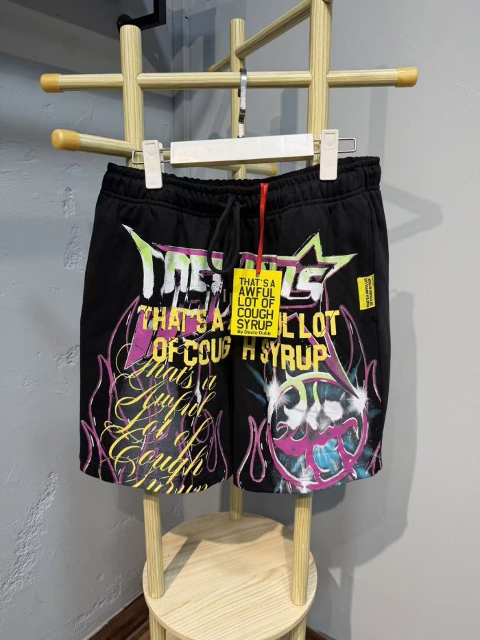 Vintage Washed Black Front Colorful Graffiti Flame Print Elastic Drawstring Loose Sweat Shorts 29356454
