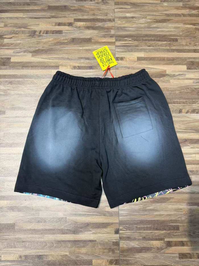 Vintage Washed Black Front Colorful Graffiti Flame Print Elastic Drawstring Loose Sweat Shorts 29356454