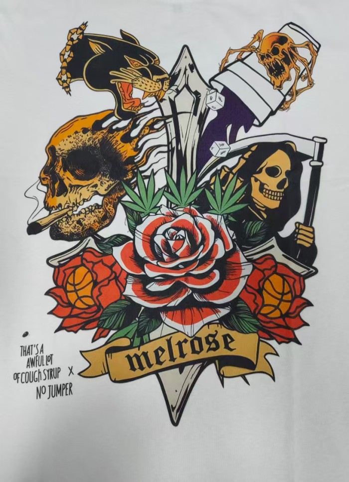 Old School Tattoo Front Multi Skull Rose Basketball Graphic Back Cross Ribbon Letter Oversized T-Shirt 29357798