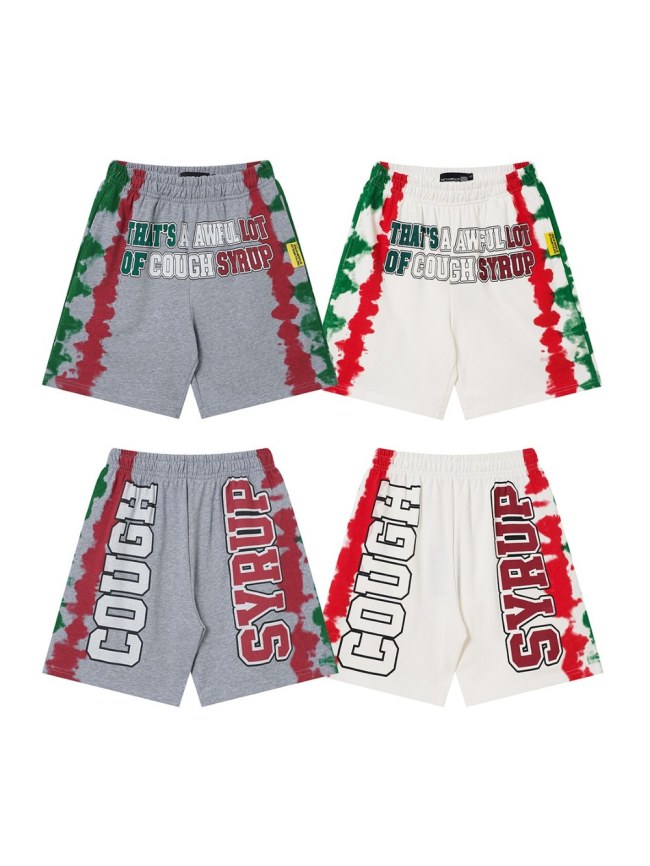 Side Red Green Blot Tie Dye Panel Front Bold Outline Text Back Large Vertical Letter Print Shorts 2 colors 29355958