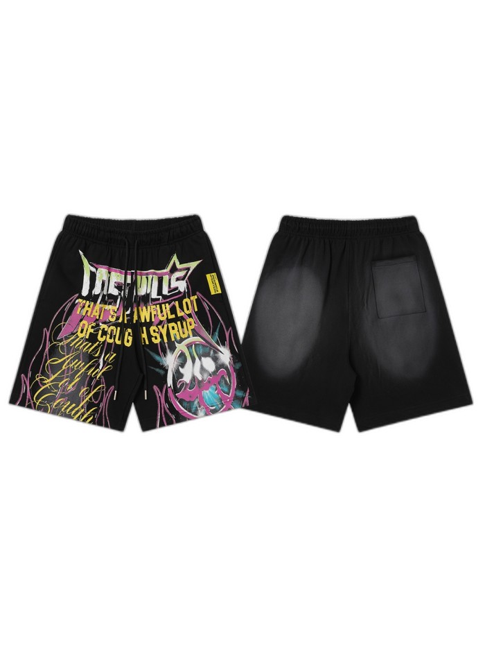 Vintage Washed Black Front Colorful Graffiti Flame Print Elastic Drawstring Loose Sweat Shorts 29356454