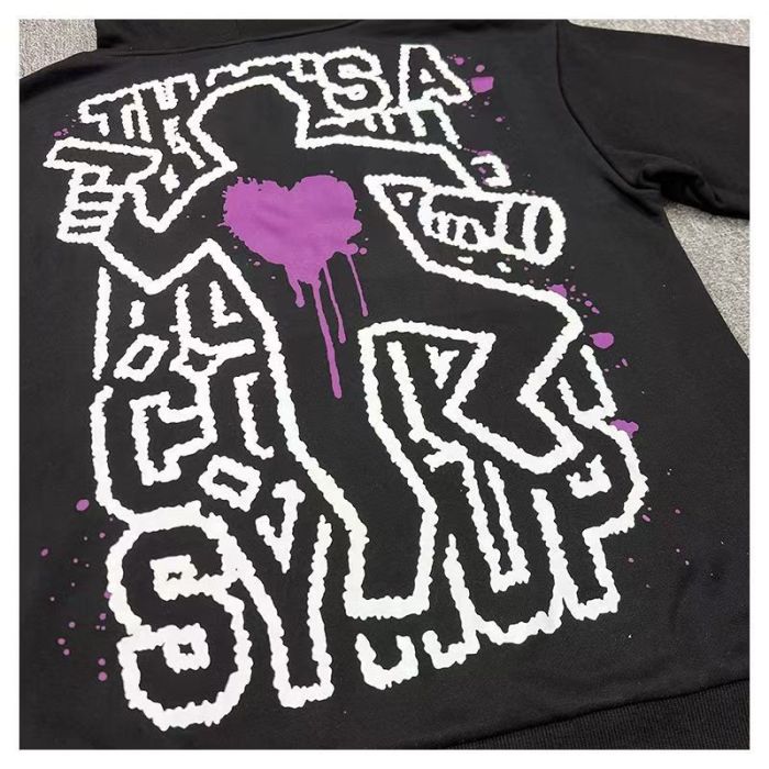 Chest White Stroke Slogan Purple Splash Ink Print Back Abstract Figure Gun Dripping Heart Graphic Fleece Lined For Autumn & Winter Hoodie 29357856