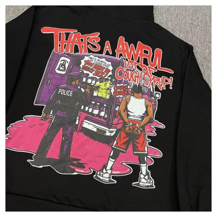 Vintage Hip Hop Front Graffiti Multicolor Slogan Circular Stamp Print Back Retro Police Comic Scene Graphic Fleece Lined For Autumn & Winter Hoodie 29357849