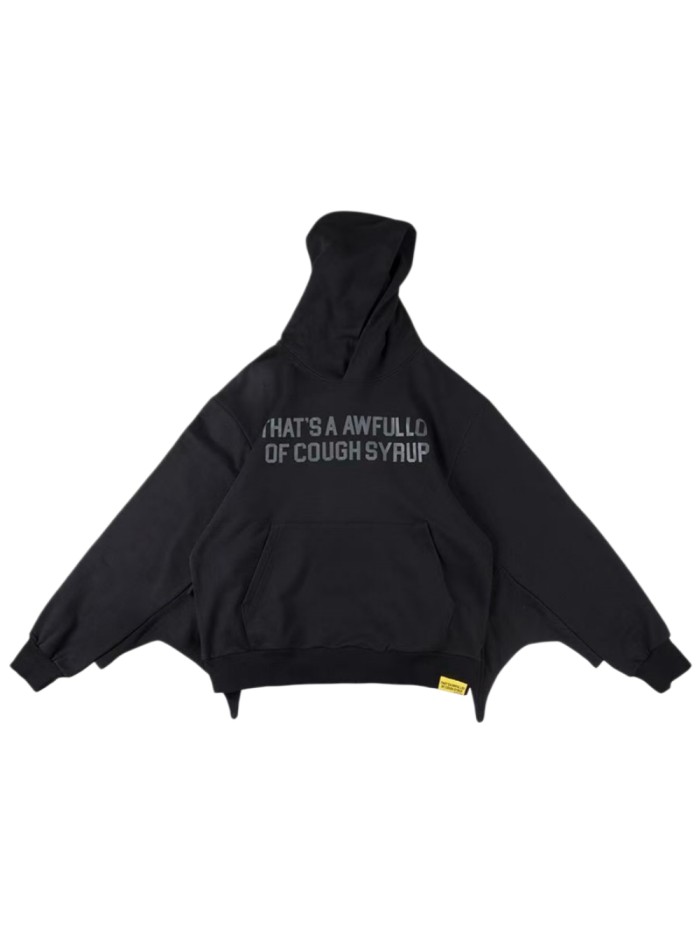 1:1 quality version Gothic Y2K Bat Wing Sleeve Oversized Black Double Sided Text Print Cropped Cotton Pullover Hoodie 29358986