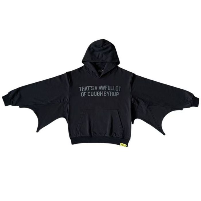 1:1 quality version Gothic Y2K Bat Wing Sleeve Oversized Black Double Sided Text Print Cropped Cotton Pullover Hoodie 29358986