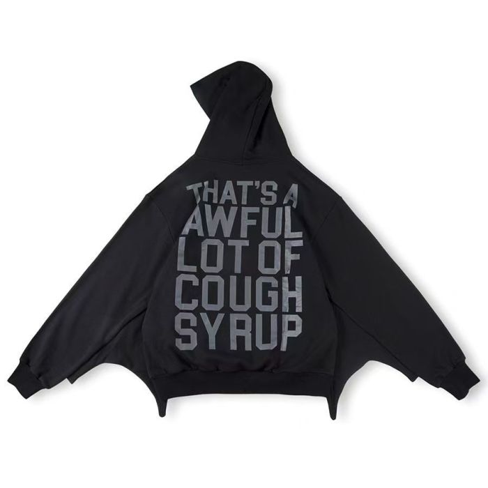 1:1 quality version Gothic Y2K Bat Wing Sleeve Oversized Black Double Sided Text Print Cropped Cotton Pullover Hoodie 29358986