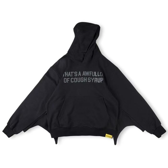 1:1 quality version Gothic Y2K Bat Wing Sleeve Oversized Black Double Sided Text Print Cropped Cotton Pullover Hoodie 29358986