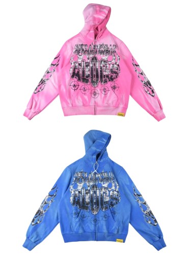 1:1 quality version Y2K Grunge Tie Dye Distressed Flame Sleeve AL0CS Letter Number 16 Double Sided Graphic Zip Up Hoodie 2 colors 29358924
