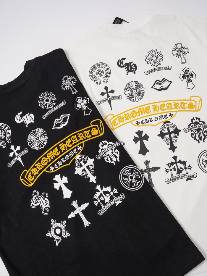 1:1 quality version Front Small Black Cl Monogram Yellow Scroll Chest Print Back Multi Cross Floral Lip Gothic Logo Collage Graphic T-shirt 2 colors 29366482