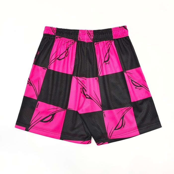 1:1 quality version Pink Black Pink Black Checkered Full Anime Blade Print Drawstring Waist Breathable Mesh Fabric Side Monogram Shorts 29367342