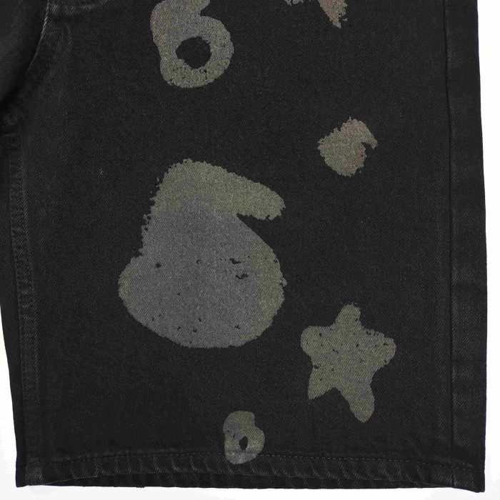 1:1 quality version Streetwear Solid Black Front And Back Gray Star Number Print Straight Fit Mid Length Denim Shorts 29367358