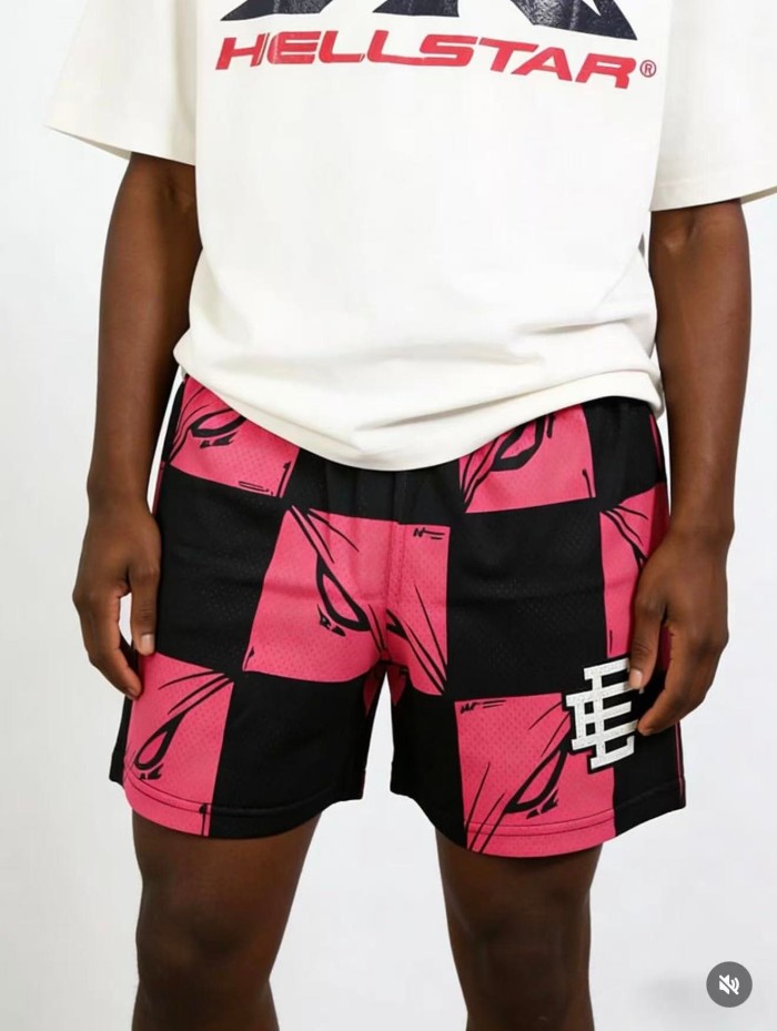 1:1 quality version Pink Black Pink Black Checkered Full Anime Blade Print Drawstring Waist Breathable Mesh Fabric Side Monogram Shorts 29367342