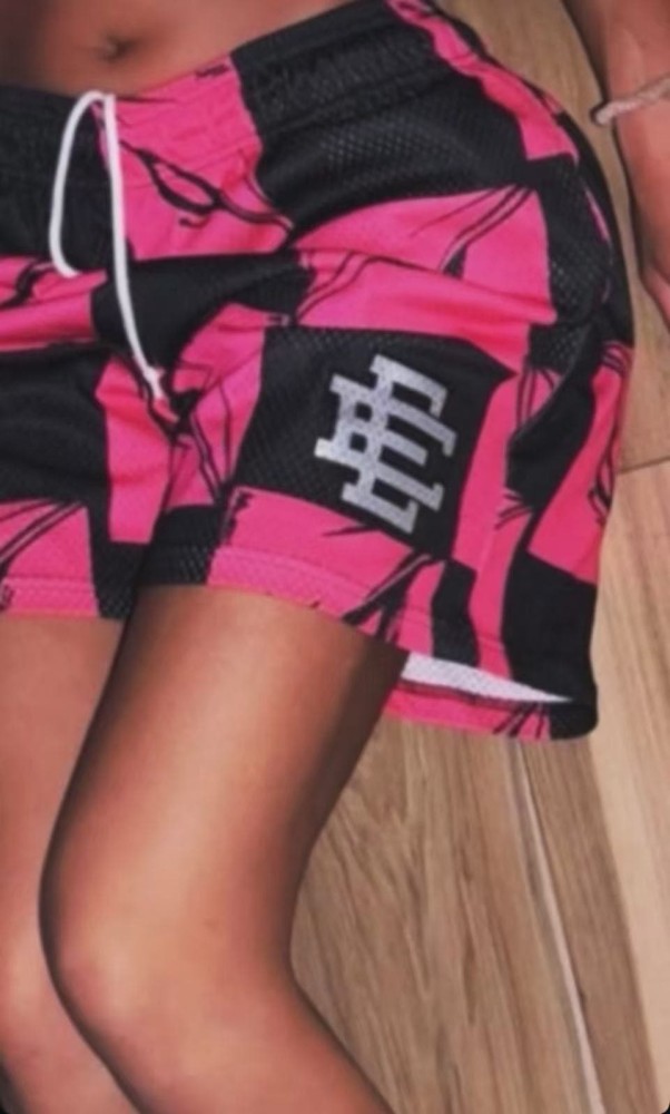 1:1 quality version Pink Black Pink Black Checkered Full Anime Blade Print Drawstring Waist Breathable Mesh Fabric Side Monogram Shorts 29367342