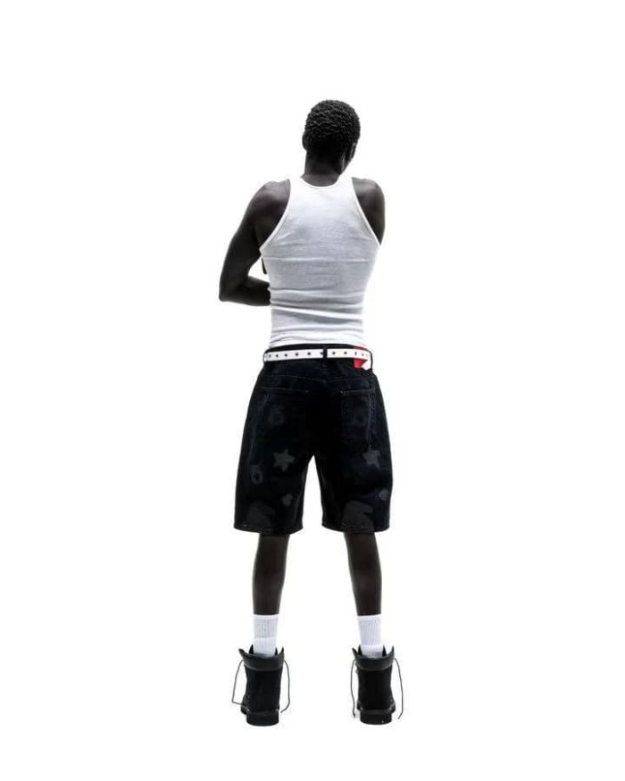 1:1 quality version Streetwear Solid Black Front And Back Gray Star Number Print Straight Fit Mid Length Denim Shorts 29367358
