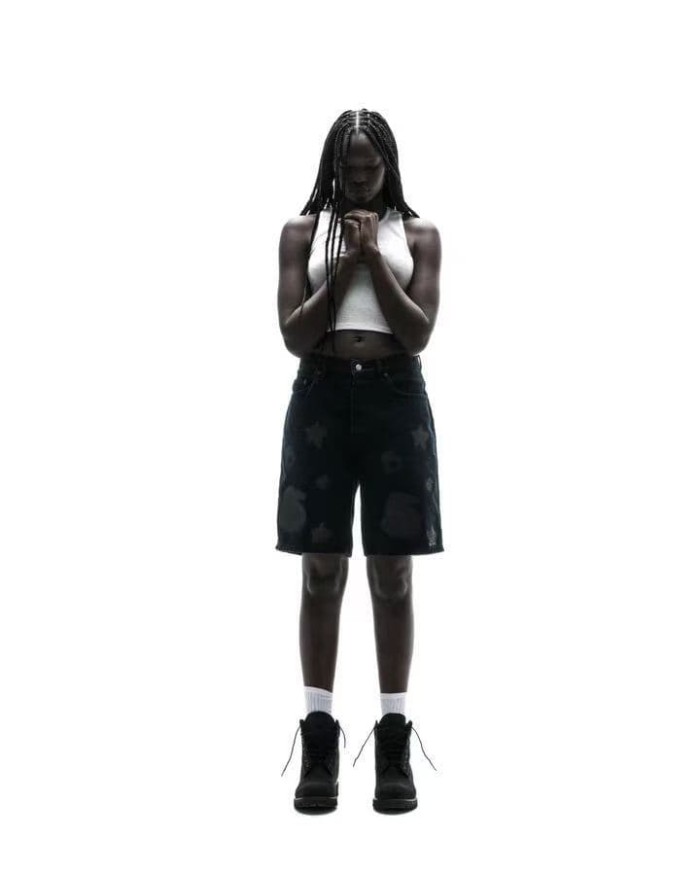 1:1 quality version Streetwear Solid Black Front And Back Gray Star Number Print Straight Fit Mid Length Denim Shorts 29367358