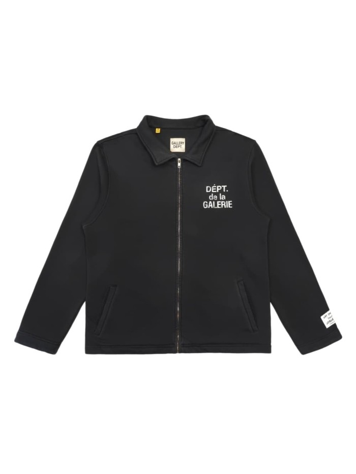 1:1 quality version Streetwear Solid Black Front And Back Vintage French Letter Print Lapel Full Zip Loose Fit Sweat Jacket 29367372