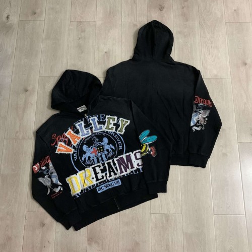 1:1 quality version Vintage Crest Raw Edge Patch Letter Embroidery Zip Up Hoodie 29366341