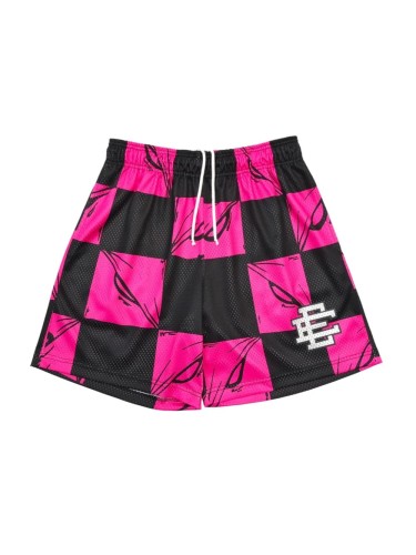 1:1 quality version Pink Black Pink Black Checkered Full Anime Blade Print Drawstring Waist Breathable Mesh Fabric Side Monogram Shorts 29367342