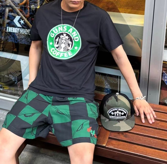 1:1 quality version Streetwear Green Black Checkered Full Anime Blade Print Drawstring Waist Quick Dry Small Cartoon Letter Embroidery Board Shorts 29367319