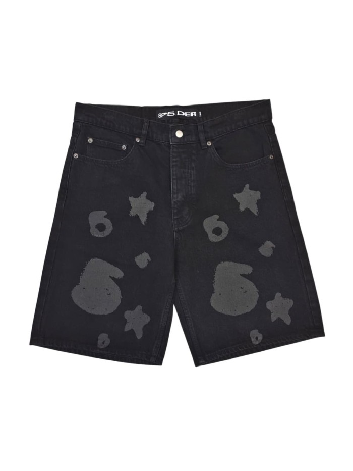 1:1 quality version Streetwear Solid Black Front And Back Gray Star Number Print Straight Fit Mid Length Denim Shorts 29367358