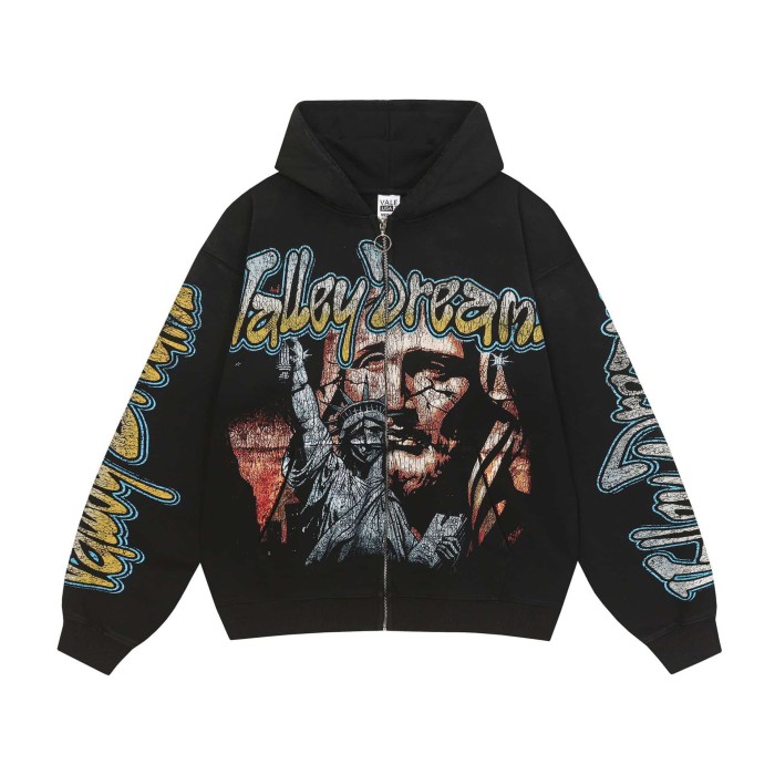 1:1 quality version Vintage Graffiti Zip Up Printed Embroidery Washed Hoodie 28 colors 29366342