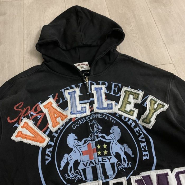 1:1 quality version Vintage Crest Raw Edge Patch Letter Embroidery Zip Up Hoodie 29366341