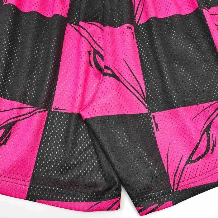 1:1 quality version Pink Black Pink Black Checkered Full Anime Blade Print Drawstring Waist Breathable Mesh Fabric Side Monogram Shorts 29367342