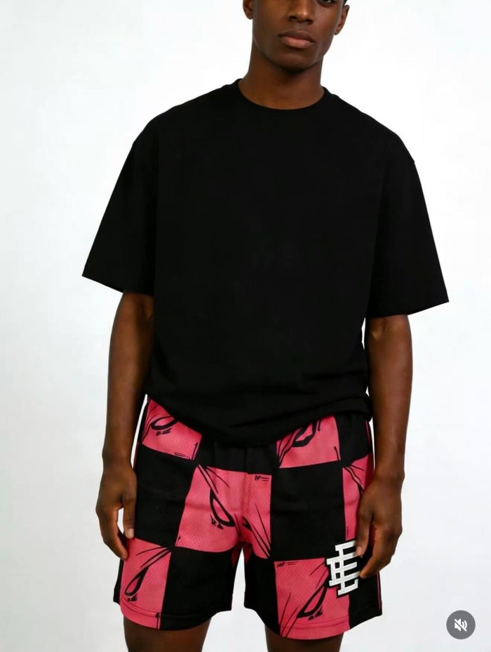 1:1 quality version Pink Black Pink Black Checkered Full Anime Blade Print Drawstring Waist Breathable Mesh Fabric Side Monogram Shorts 29367342