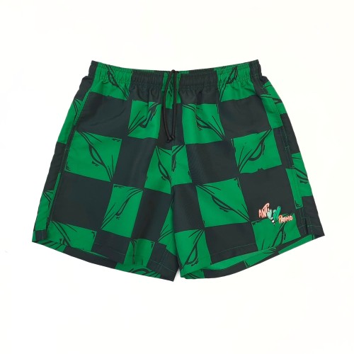 1:1 quality version Streetwear Green Black Checkered Full Anime Blade Print Drawstring Waist Quick Dry Small Cartoon Letter Embroidery Board Shorts 29367319