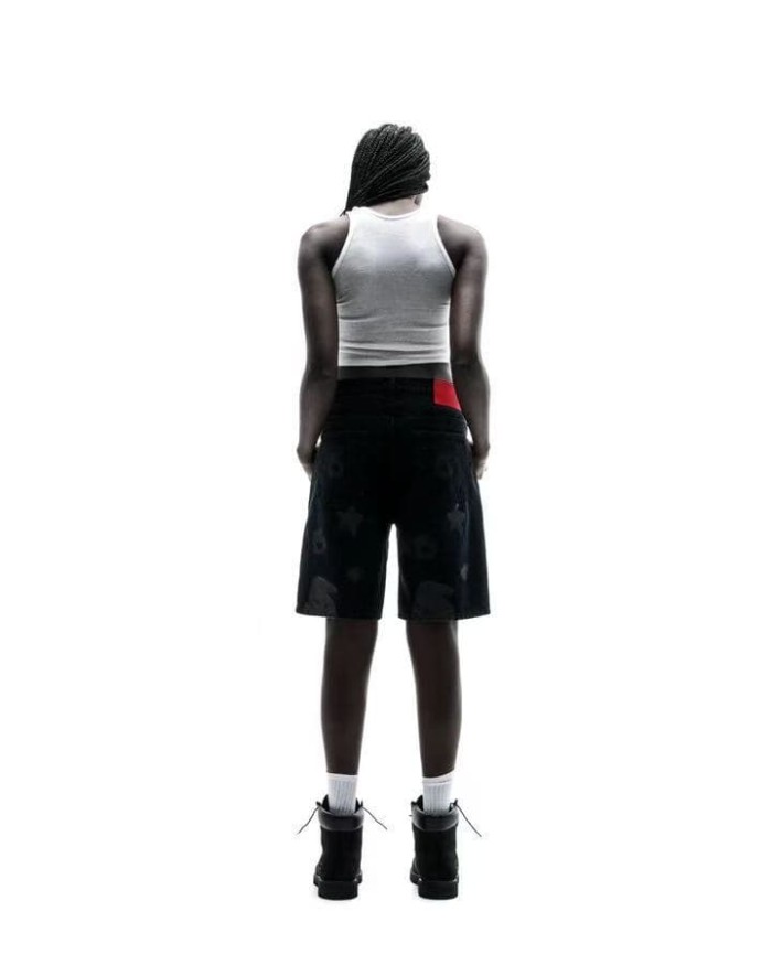 1:1 quality version Streetwear Solid Black Front And Back Gray Star Number Print Straight Fit Mid Length Denim Shorts 29367358