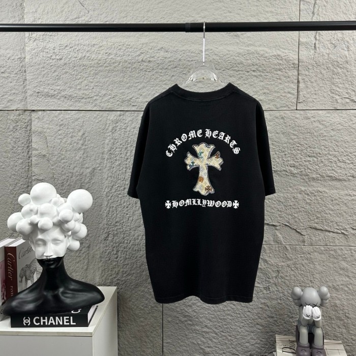 1:1 quality version Front Mini Floral Patch Cross Chest Print Back Large Colorful Fabric Cross Gothic Letter Graphic T-shirt 4 colors 29367052