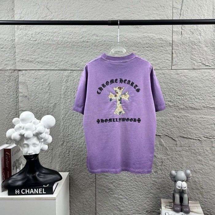 1:1 quality version Front Mini Floral Patch Cross Chest Print Back Large Colorful Fabric Cross Gothic Letter Graphic T-shirt 4 colors 29367052